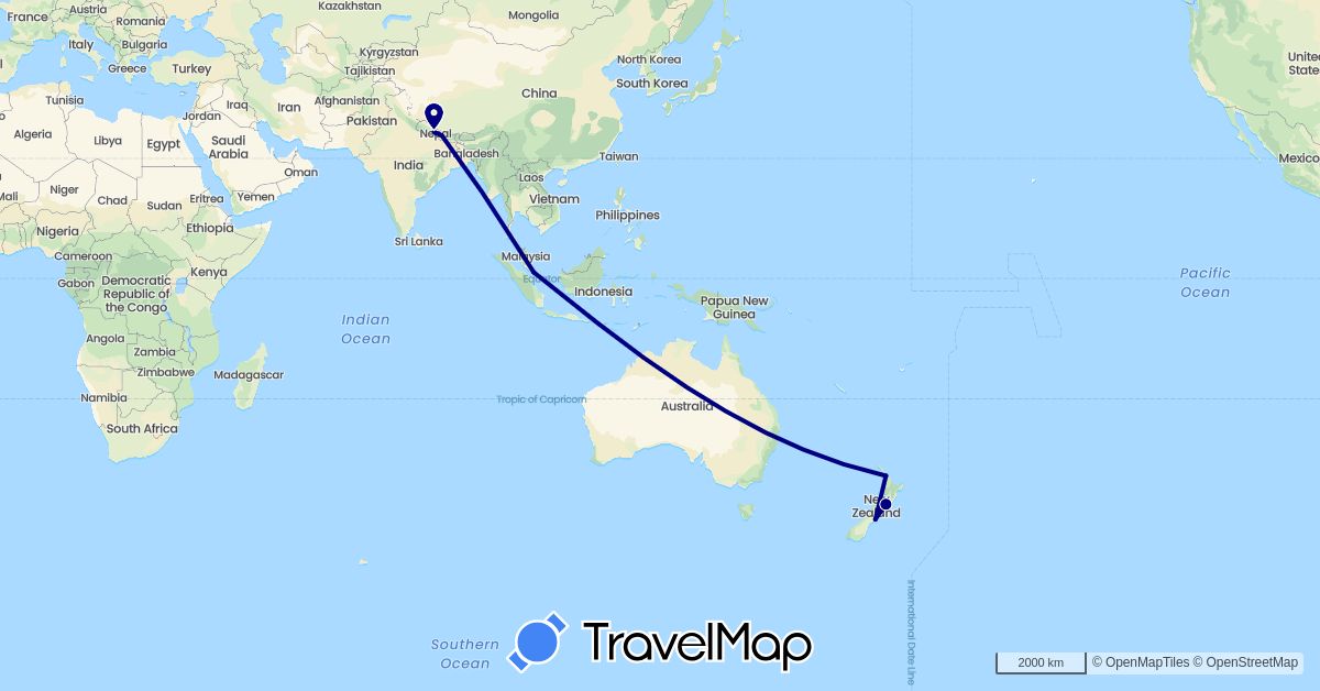 TravelMap itinerary: driving in Nepal, New Zealand, Singapore (Asia, Oceania)
